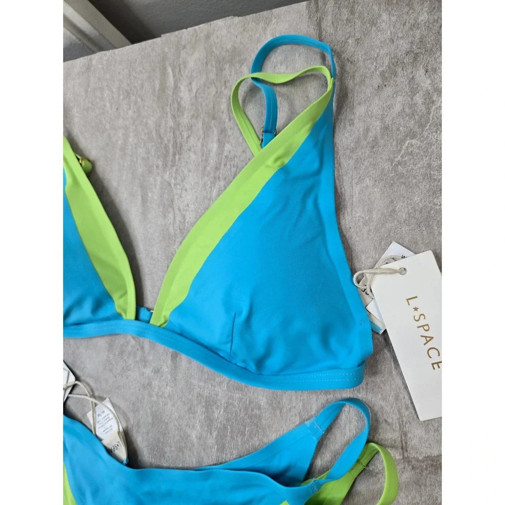 NEW LSpace Finneas Bikini Set M Blue Green Colorblock Beach Pool Cheeky Swimwear